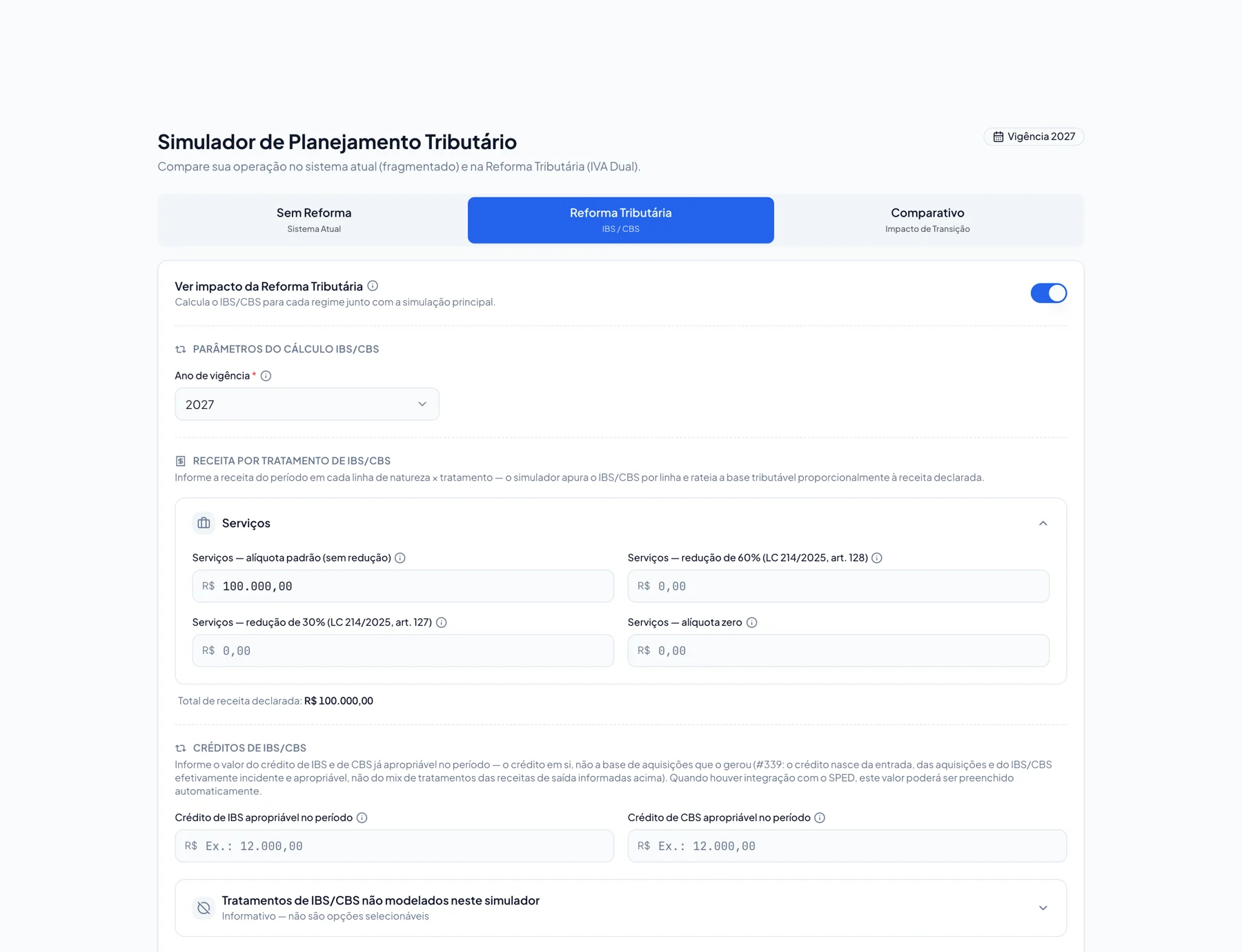 Aba da Reforma Tributária no simulador, com ano de vigência, receita do mês por tratamento de IBS/CBS e créditos apropriáveis.